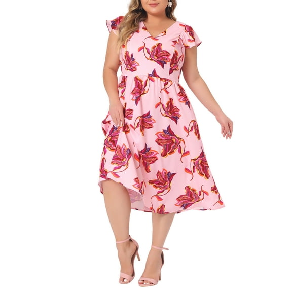 Agnes Orinda Women's Plus Size Floral Dress Ruffle Short Sleeves Tie Back V Neck Midi Dresses 1X Pink