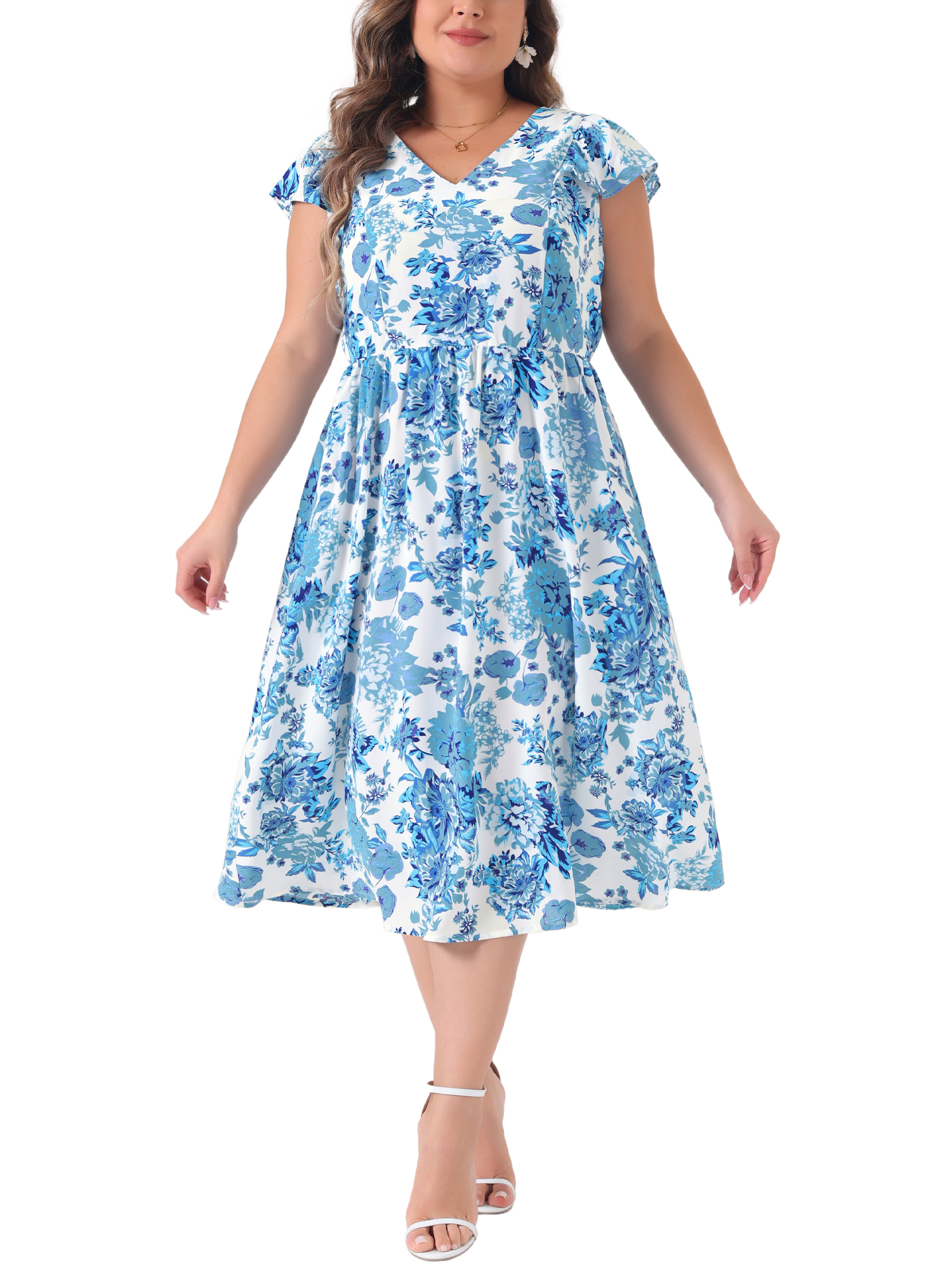 Agnes Orinda Plus Size Floral Dress for Women Sleeveless Ruffle Sleeves ...