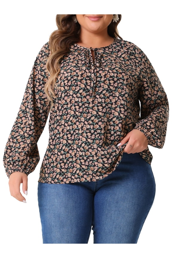 Plus Size Floral Printed for Women Casual V Neck Tops Drawstring Long Sleeve T Shirt Blouses
