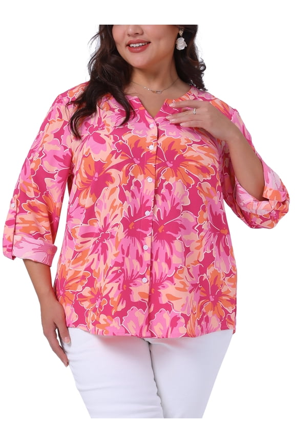 Women's Plus Size Floral Tops Notched V Neck Roll Long Sleeve Button Down Shirts Casual Blouses 3X Hot Pink