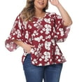 thumbnail image 1 of Agnes Orinda Women's Plus Size Floral Tops V Neck Flowy 3/4 Sleeve Chiffon Summer Casual Babydoll Blouses Burgundy 2X, 1 of 6