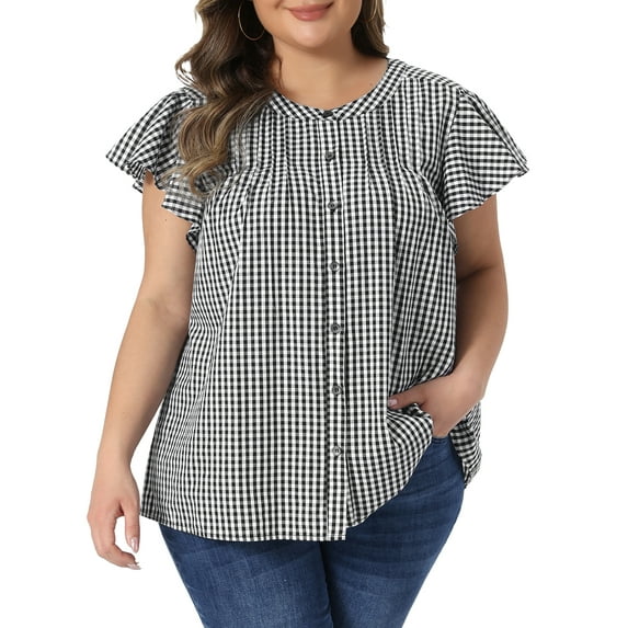 Agnes Orinda Women's Plus Size Gingham Tops 1950s Vintage Plaid Back Pleated Button Down Crew Neck Ruffle Sleeve Summer Shirt 2X Black