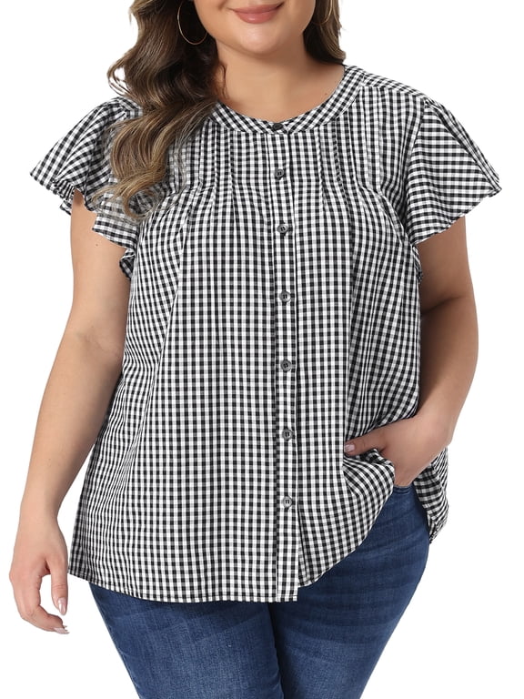 Women's Plus Size Gingham Tops 1950s Vintage Plaid Back Pleated Button Down Crew Neck Ruffle Sleeve Summer Shirt 2X Black