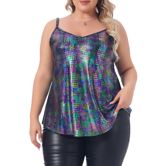 Agnes Orinda Plus Size Halloween Outfits School College Sequin Tank Tops for Women V Neck Bronzing Glitter Cami Sleeveless Camisole Vest 4X Blue Purple