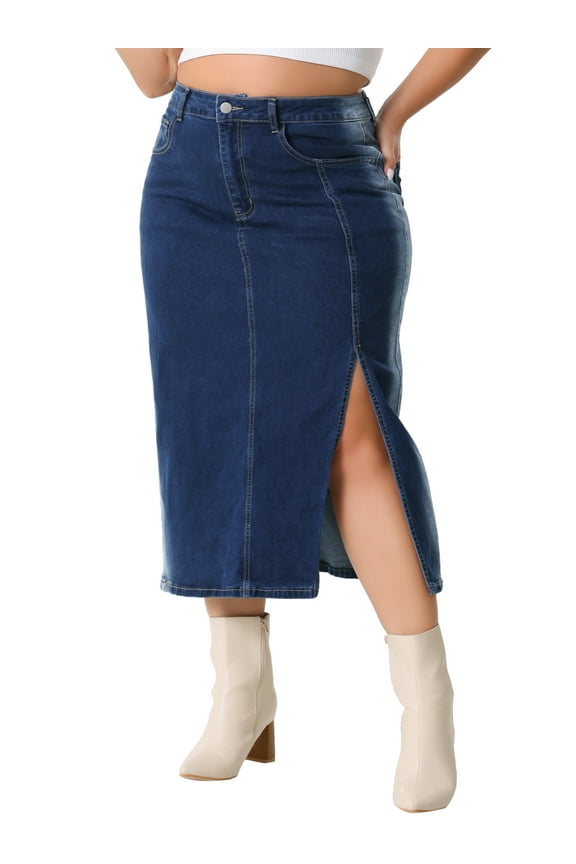 Plus Size High Waist Elegant Denim Skirt Button Up Cowboy Side Slit Pocket Jean Skirt