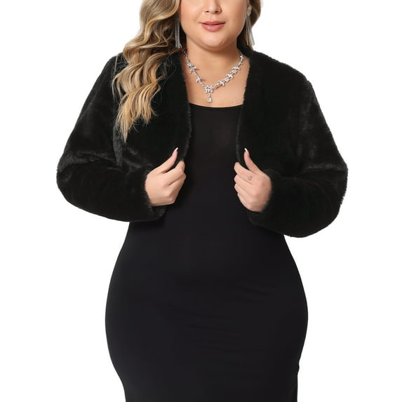 Agnes Orinda Women's Plus Size Cropped Cardigan Faux Fur Bolero Shrug Top Wedding Open Front Jackets 2X Black