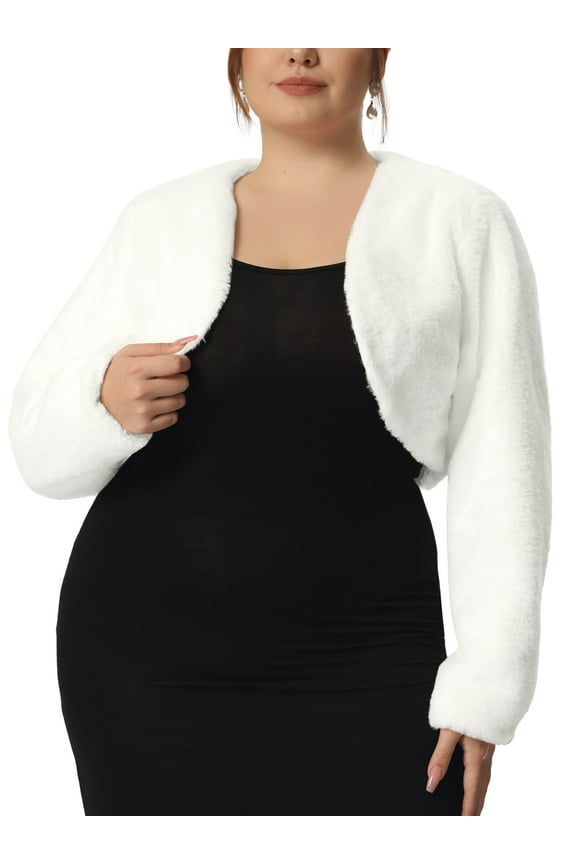 Women's Plus Size Cropped Cardigan Faux Fur Bolero Shrug Top Wedding Open Front Jackets 2X White