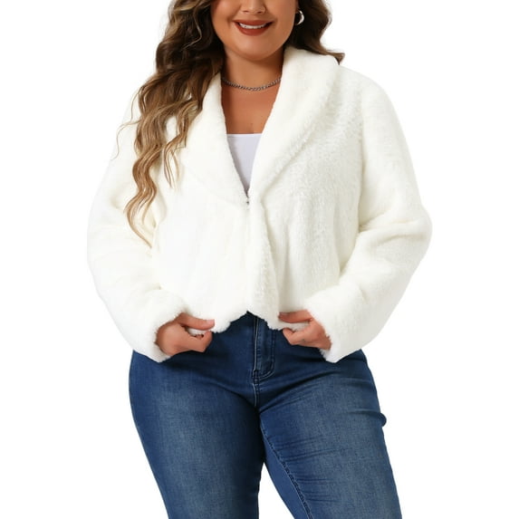 FAB CURVES Women's Plus Size Jacket Winter Cropped Lapel Shrug Long Sleeve Faux Fur Fluffy Coat 2X White