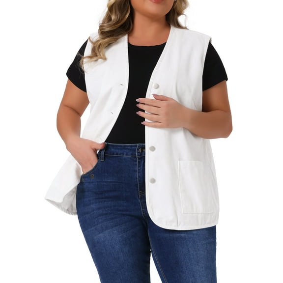 Agnes Orinda Plus Size Jeans Vests for Women Button Down V Neck Waistcoat Sleeveless Denim Vest 1X White