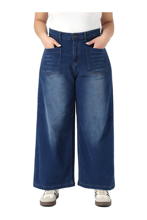 Women's Plus Size Jeans Straight Wide Leg High Waisted Stretch Denim Jean Pants with Pockets 1X Blue