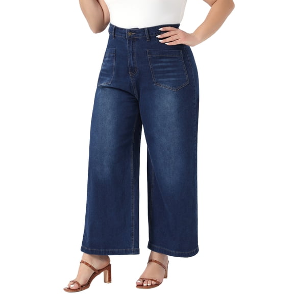 Agnes Orinda Women's Plus Size Jeans Straight Wide Leg High Waisted Stretch Denim Jean Pants with Pockets 1X Dark Blue