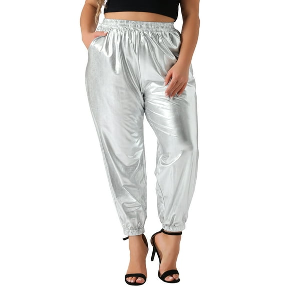 Agnes Orinda Women's Plus Size Valentines Day Jogger Pants Metallic Shiny High Waist Stretchy Wear Holographic Trousers Sweatpant 2X Silver