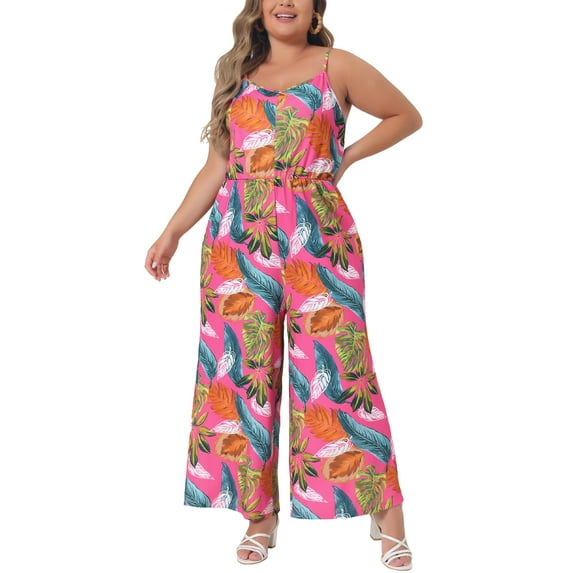 CURVY GLAM Plus Size Jumpsuits for Women Sleeveless Adjustable Spaghetti Strap Stretchy Long Pant Romper Jumpsuit 3X Hot Pink