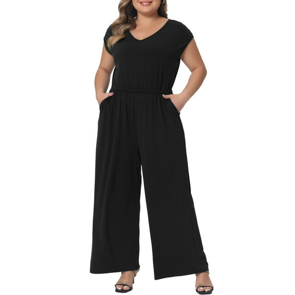 Agnes Orinda Plus Size Jumpsuits for Women V Neck Sleeveless Wide Legs Pants Curvy Rompers with Pockets