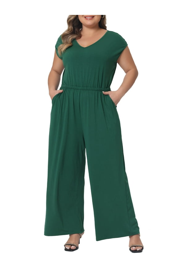 Women's Plus Size St. Patrick's Day Jumpsuits V Neck Sleeveless Wide Legs Pants Curvy Rompers with Pockets 3X Green