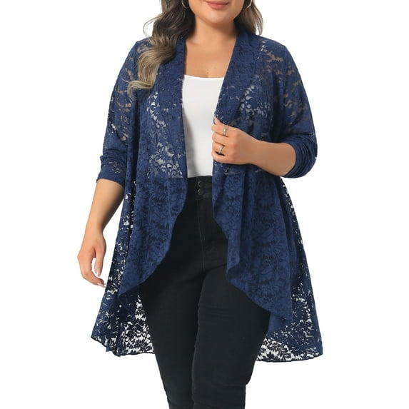 Agnes Orinda Plus Size Lace Cardigan for Women Ruffle Cardigans Open Front Long Sleeve Sheer Lace Crochet Cover Up 2X Navy Blue