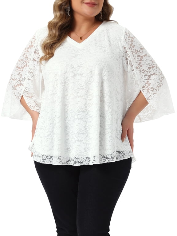Women's Plus Size Halloween Outfits Lace Top V-Neck 3/4 Bell Sleeve Double Layers Flowy Dressy Tunics Blouse 3X White