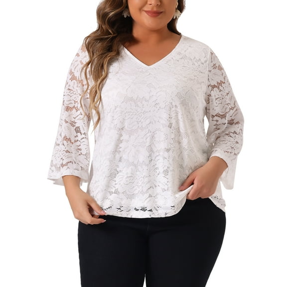 Agnes Orinda Women's Plus Size Lace Tops 3/4 Sleeve Casual V Neck Dressy Blouse 1X White