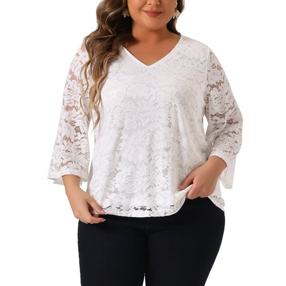 Agnes Orinda Women's Plus Size Lace Tops 3/4 Sleeve Casual V Neck Dressy Blouse 2X White
