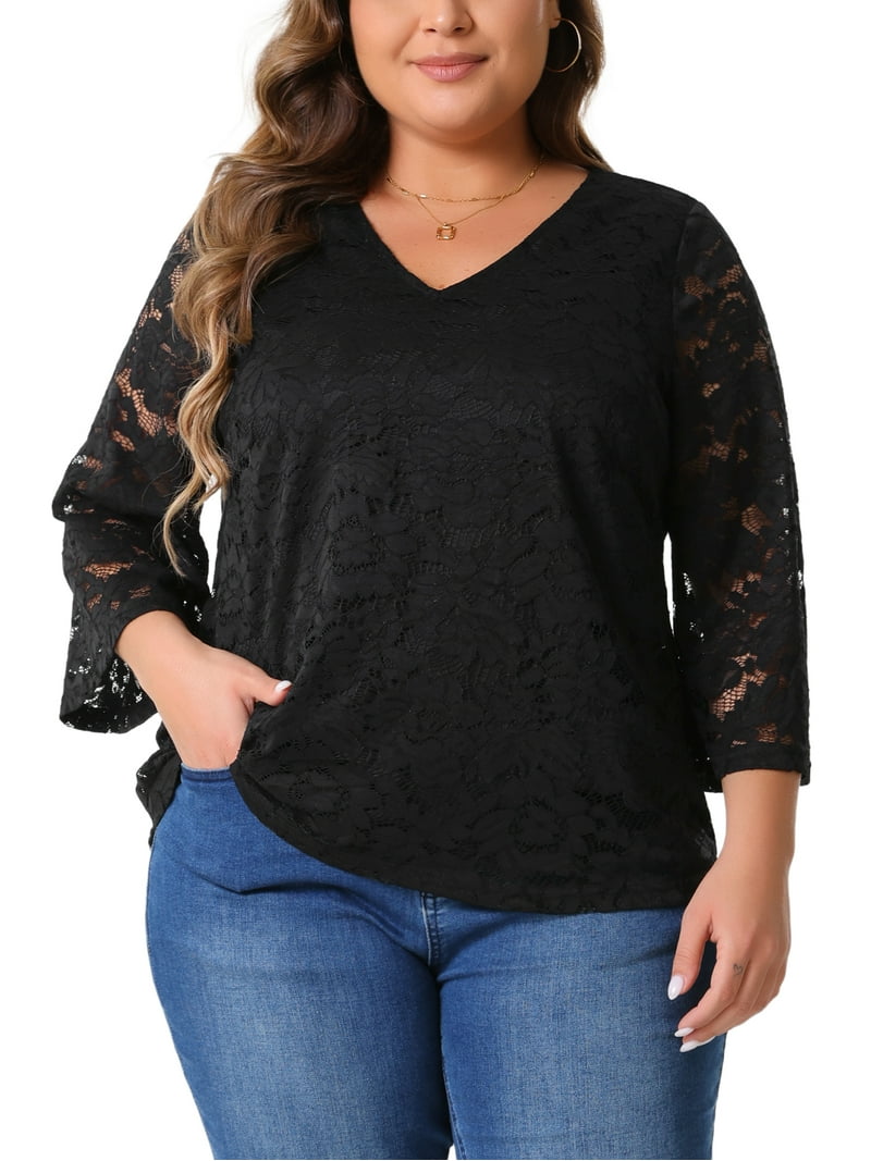 Agnes Orinda Women's Plus Size Lace Tops 3/4 Sleeve Casual V Neck Dressy  Blouse 4X Black - Walmart.com, image size:800x1067