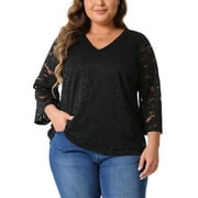 AGNES ORINDA Women's Plus Size Lace Tops 3/4 Sleeve Casual V Neck Dressy Blouse 1X White