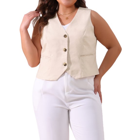 Agnes Orinda Women's Plus Size Linen Vest Sleeveless Button Down Waistcoat Vest Top with Pockets 1X Beige