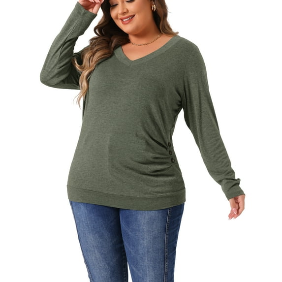 Agnes Orinda Plus Size Long Sleeve Blouses for Women V Neck Knitted Buttons Decor Ruched Tops