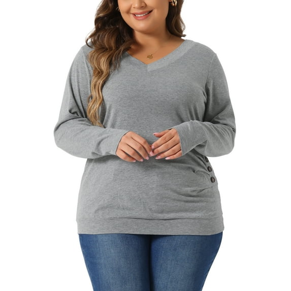 Agnes Orinda Plus Size Long Sleeve Blouses for Women V Neck Knitted Buttons Decor Ruched Tops