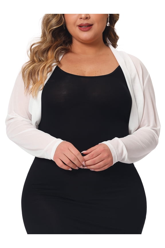 Women's Plus Size Long Sleeve Open Front Sheer See Through Mesh Bolero Shrug Crop Cardigans 3X White