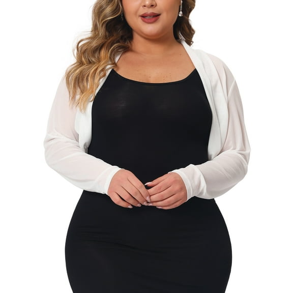Agnes Orinda Women's Plus Size Long Sleeve Open Front Sheer See Through Mesh Bolero Shrug Crop Cardigans 3X White