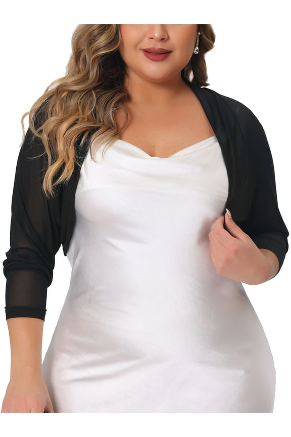 Women's Plus Size Long Sleeve Open Front Sheer See Through Mesh Bolero Shrug Crop Cardigans 2X Black