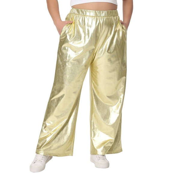 Agnes Orinda Plus Size Metallic High Waist Stretchy Jogger Pants for Women Holographic Hip Hop Streetwear