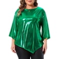 thumbnail image 1 of Agnes Orinda Women's Plus Size Halloween Outfits Metallic Top Glitter Crew Neck 3/4 Bell Sleeve Asymmetric Hem Club Party Shiny Blouse 1X Green, 1 of 6
