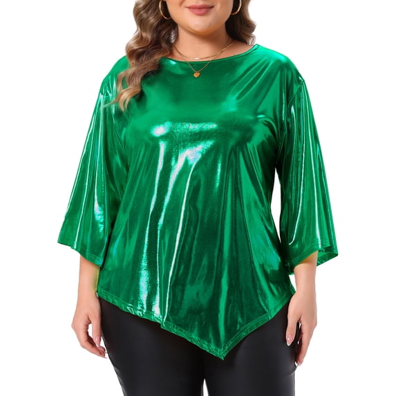 Agnes Orinda Women's Plus Size Halloween Outfits Metallic Top Glitter Crew Neck 3/4 Bell Sleeve Asymmetric Hem Club Party Shiny Blouse 1X Green
