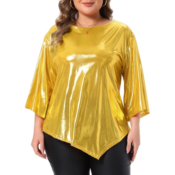 Agnes Orinda Women's Plus Size School College Metallic Top Glitter Crew Neck 3/4 Bell Sleeve Asymmetric Hem Club Party Shiny Blouse 3X Gold