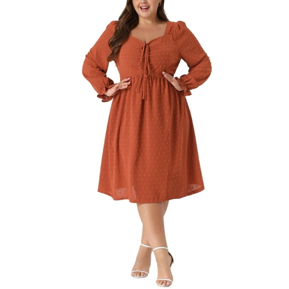 Agnes Orinda Women's Plus Size Valentines Day Boho Dress Swiss Dots Long Sleeves Ruffle Babydoll Midi Dresses 2X Caramel