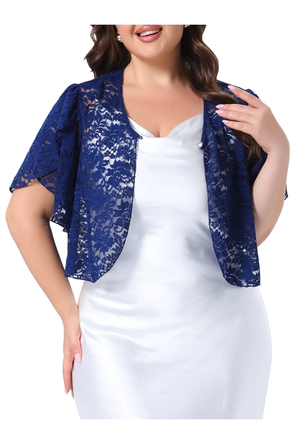 Women's Plus Size School College Bolero Shrugs Floral Lace Tops Elegant Sheer Open Front Short Sleeve Cardigans 2X Navy Blue