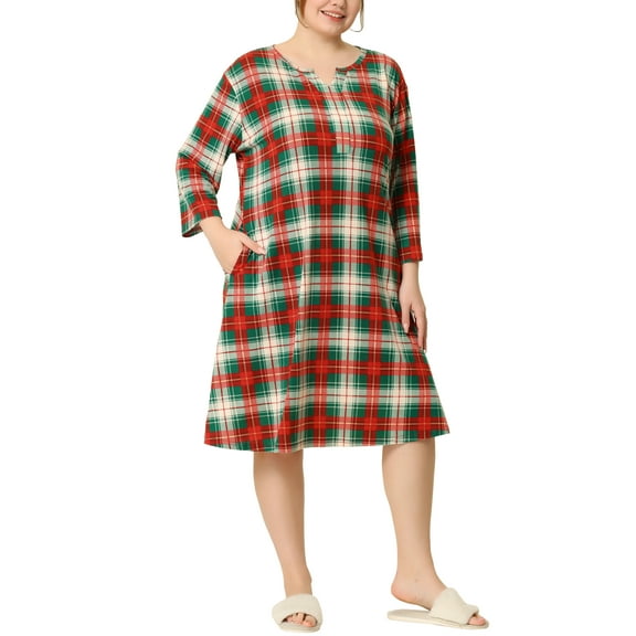 Agnes Orinda Plus Size Nightgown for Women Plaid V Neck Loungewear 3X Green Red