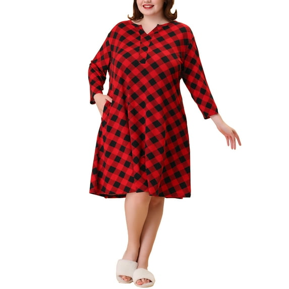 Agnes Orinda Plus Size Nightgown for Women Plaid V Neck Loungewear 3X Red