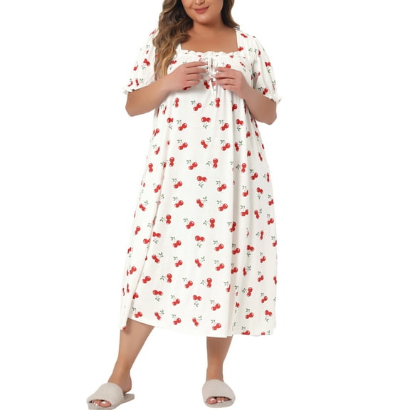 Agnes Orinda Women's Plus Size Valentines Day Nightgowns Cherry Bowknot Sleepshirts Ruffle Comfy Nightdress 1X White