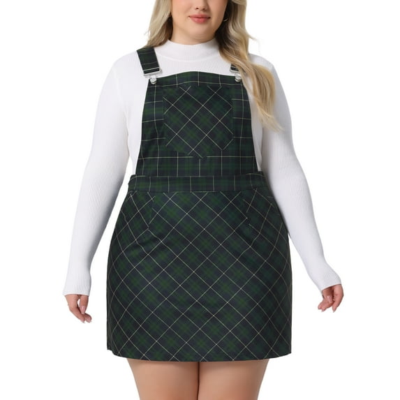 Agnes Orinda Plus Size Overall Dress for Women Vintage Plaid Printed Adjustable Straps Pinafore Dresses 2X Green