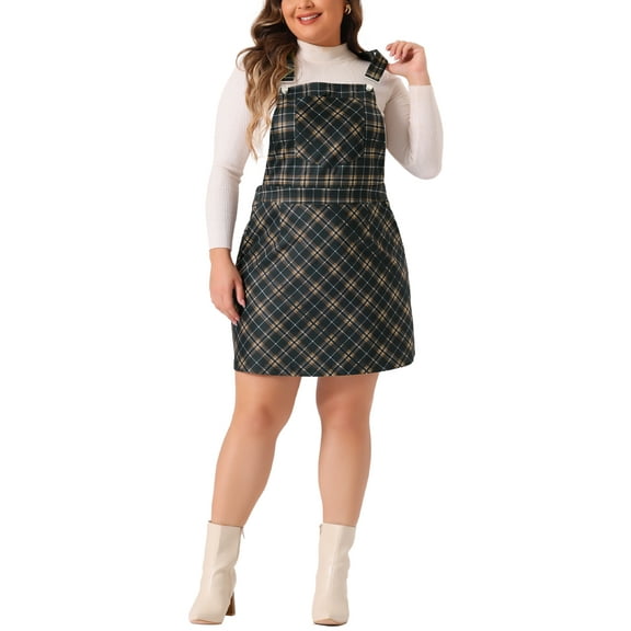 Agnes Orinda Plus Size Overall Dress for Women Vintage Plaid Printed Adjustable Straps Pinafore Dresses 2X Navy Blue