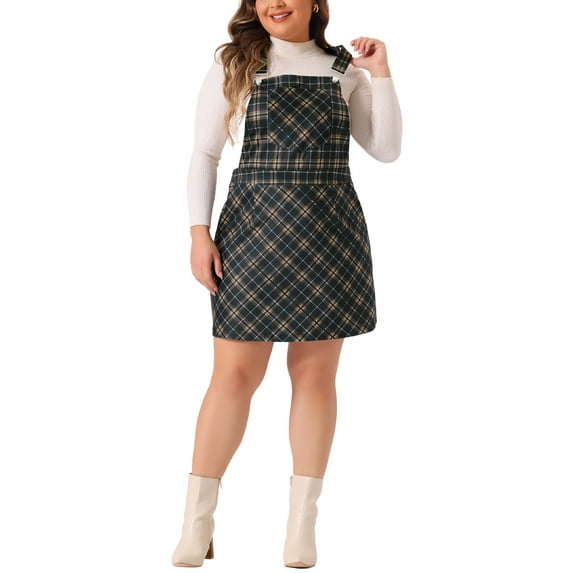 Agnes Orinda Plus Size Overall Dress for Women Vintage Plaid Printed Adjustable Straps Pinafore Dresses 2X Navy Blue