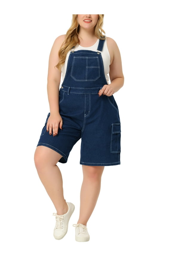 Plus Size Overall Shorts for Women Jumpsuit Adjustable Strap Bib Cargo Pocket Jean Denim Overalls 1X Dark Blue