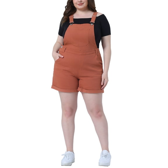 Agnes Orinda Plus Size Overall Shorts for Women Jumpsuit Roll Hem Pocket Jean Denim Overalls 1X Caramel