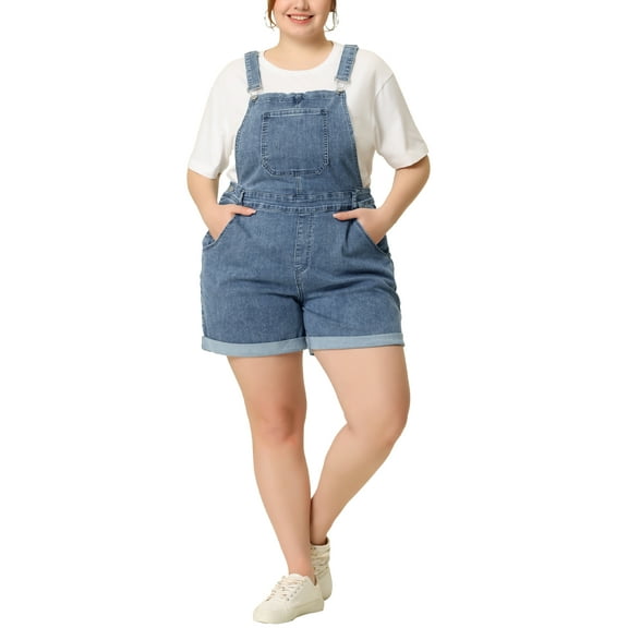 Plus Size Overall Shorts for Women Jumpsuit Roll Hem Pocket Jean Denim Overalls 1X Gray Blue