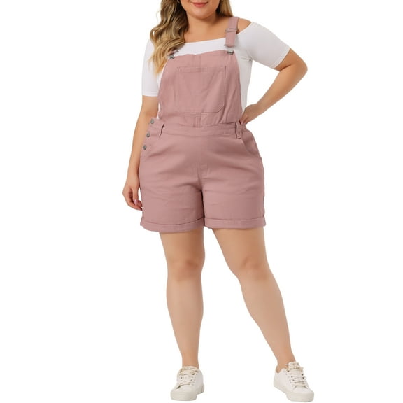 Plus Size Overall Shorts for Women Jumpsuit Roll Hem Pocket Jean Denim Overalls 1X Pink