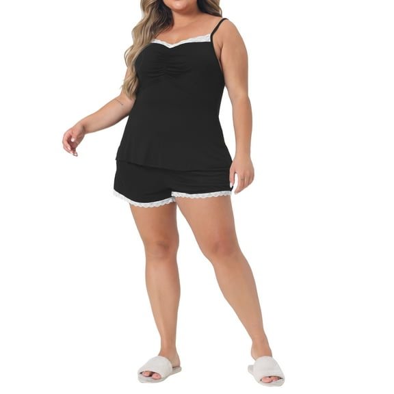 Agnes Orinda Women's Plus Size Valentines Day Pajama Set Contrast Color Cami Strap Lace Trim Sleeveless Sleepwear 2X Black