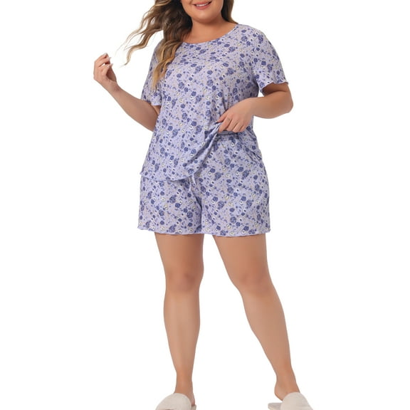 Agnes Orinda Women's Plus Size Valentines Day Pajamas Set Short Sleeve Top with Shorts Floral Printed Soft Lounge Sleepwear 1X Purple