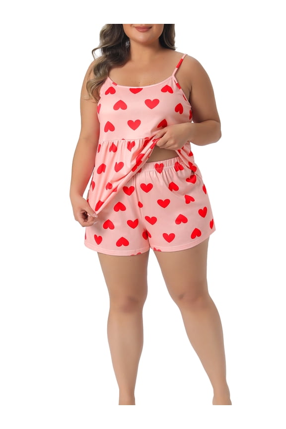 Women's Plus Size 2 Piece Nightwear Heart Pattern Cami and Boxer Shorts Cute Soft Lounge Pajamas Set 1X Pink